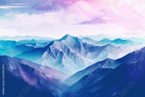 Watercolor painting of mountaintop scenery with hues of blue and purple. Generative AI