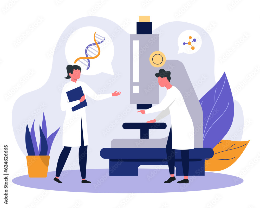 Laboratory workers examine DNA structure with microscope. Colleagues in white coat talking. Analysis and testing in laboratory. Flat vector illustration in blue and yellow colors