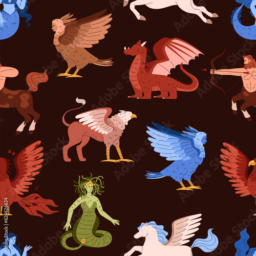 Vector seamless pattern with various magical mythical creatures, cartoon heroes fantasy legends, Greek mythology
