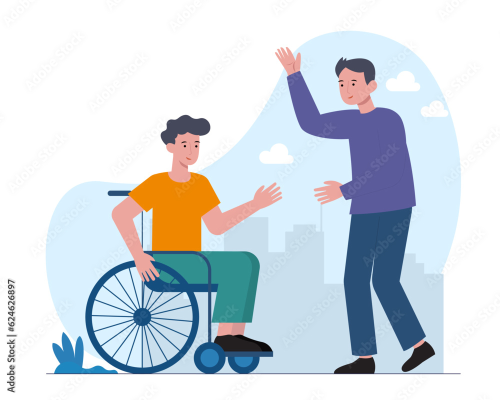 Male walking outside and communicate with man on wheelchair. Concept of helping and recovering people with special needs. Flat vector illustration in cartoon style Male walking outside and communicate with man on wheelchair. Concept of helping and recovering people with special needs. Flat vector illustration in cartoon style