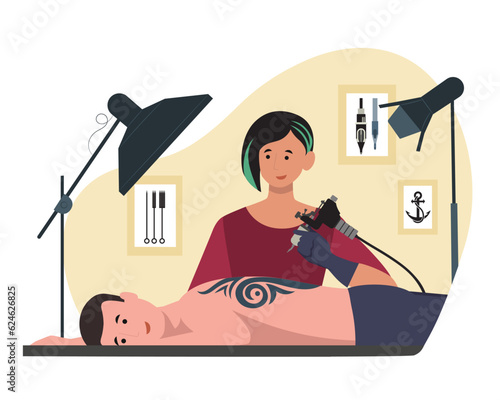 Client lying on couch, tattoo artist making tattoo on back. Tattoo artists work process. Professional specialists with tools painting on body of clients in salon. Flat vector illustration