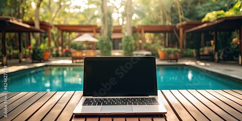Work by the poolside. With laptop on wooden table. Technology and business. Background for work where notebook opens up view to relax holiday. Lifestyle, travel, and digital by cup of coffee © Bussakon