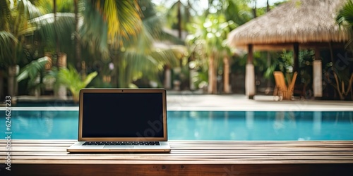 Work by the poolside. With laptop on wooden table. Technology and business. Background for work where notebook opens up view to relax holiday. Lifestyle, travel, and digital by cup of coffee © Bussakon