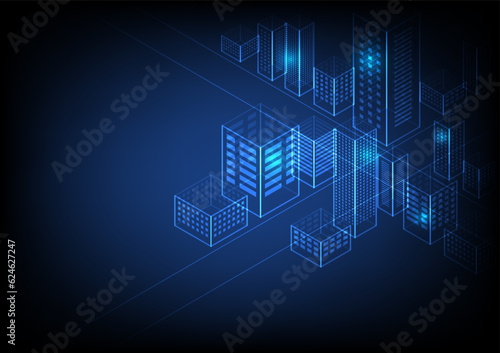 Perspective blue cityscape with lights. Vector illustration..
