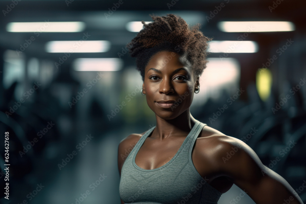 Portrait of smiling woman exercising at gym for arms and shoulders muscles. Fitness exercising in gym.