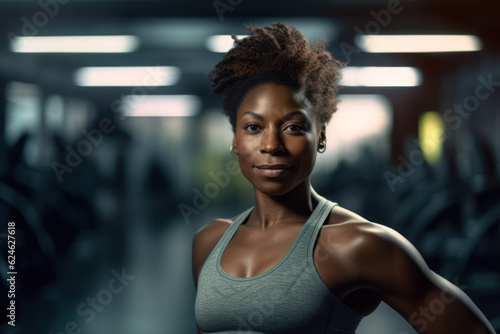 Portrait of smiling woman exercising at gym for arms and shoulders muscles. Fitness exercising in gym.