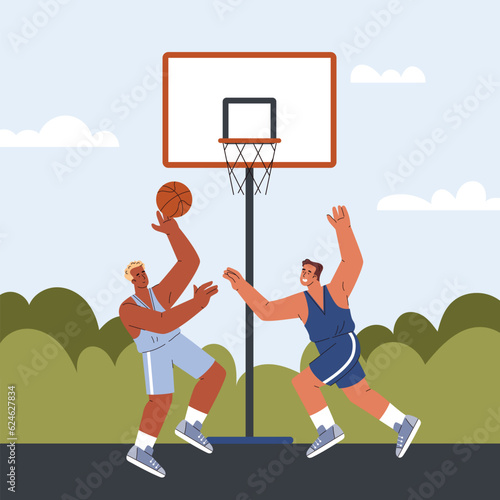 Basketball competition illustration on the outside playground, basketball players fight for the ball vector illustration