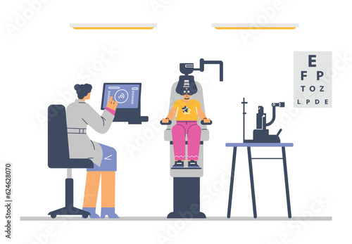 Ophthalmologist doctor check eyesight using computer, vector cartoon illustration professional optician vision treatment