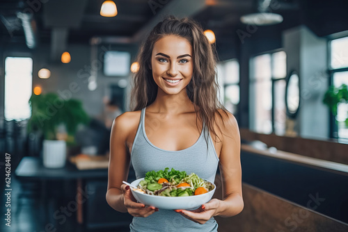 Young woman after a workout with a plate of healthy salad. The concept of fitness and healthy lifestyle. Generative AI