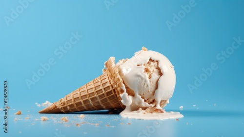 Melting waffle cone ice cream isolated on blue background. Generative AI