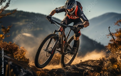 A man riding a mountain bike on a challenging rocky trail. AI © Umar