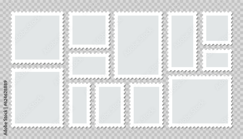 Post stamps collection. Set of empty postal stamp. Rectangular perforated labels. Collection blank borders for mail letter. Postage frames. White paper postmarks. Vector illustration.