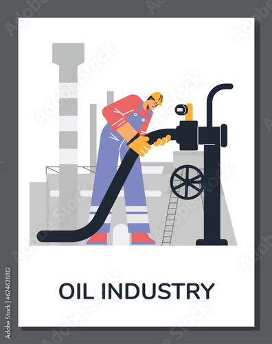 Poster or vertical banner with working oilman flat style, vector illustration