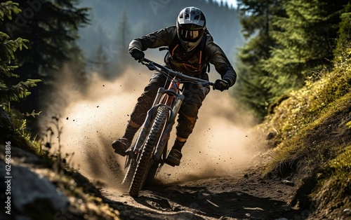 A man riding a mountain bike on a challenging rocky trail. AI