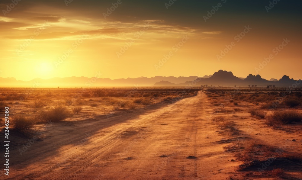 Tranquil desert vista showcases an endless road disappearing into the sunset. Creating using generative AI tools