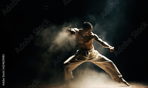 Skillful martial arts warrior demonstrates powerful training strikes with finesse. Creating using generative AI tools