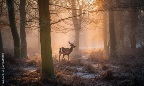 Majestic young deer roaming in a misty winter forest at sunrise. Creating using generative AI tools