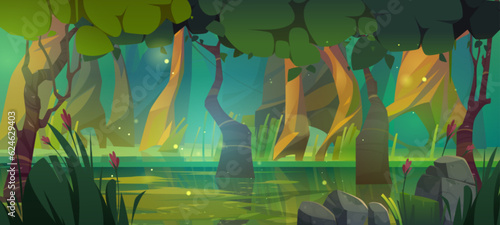Forest swamp cartoon vector game landscape scene. Fantasy lake with waste water and marsh scenery. Dirty toxic environment in park 2d wild location wallpaper. Summer adventure fairytale world