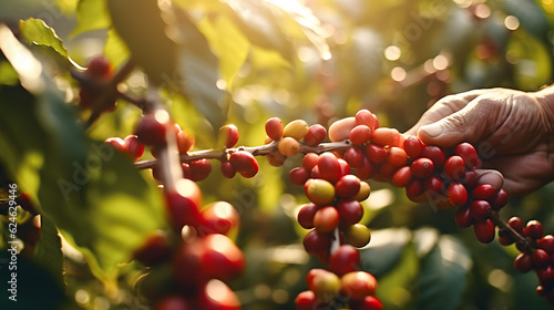 Ein stolzer Bauer hält frisch geerntete Kaffeebohnen auf einer sonnenbeschienenen Plantage mit Kaffeepflanzen im Morgentau