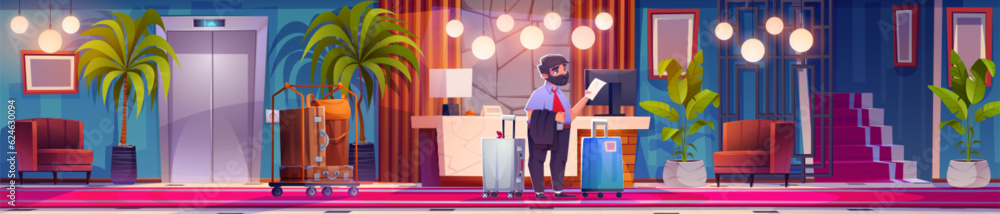 Man with luggage in hotel lobby room wait checkin cartoon background ...