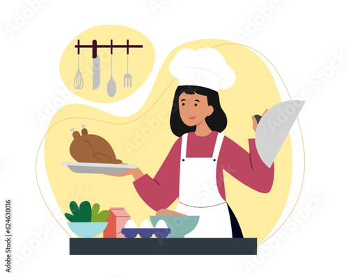 Chef in white apron holding chicken and ready to cook it. Process of cooking delicious food in restaurants with kitchen utensils concept. Flat vector illustration in cartoon style