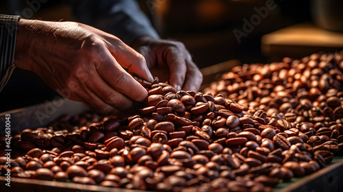 Ein Röster hält dampfende, frisch geröstete Kaffeebohnen in der aromatischen Rösterei.
