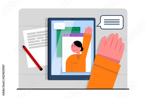 Lady studying in online school. Video call with classmate. Modern online and live communication. Communication at distance, video call. Flat vector illustration in cartoon style