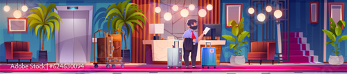 Man with luggage in hotel lobby room wait checkin cartoon background. Business hostel office hallway interior with trolley, elevator, armchair and lamp panoramic illustration. Male tourist in hall