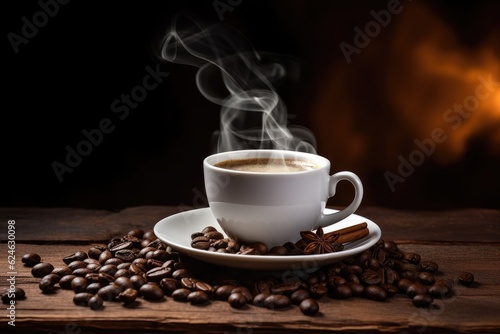 Cup of coffee with smoke and coffee beans on old wooden background. Generative AI