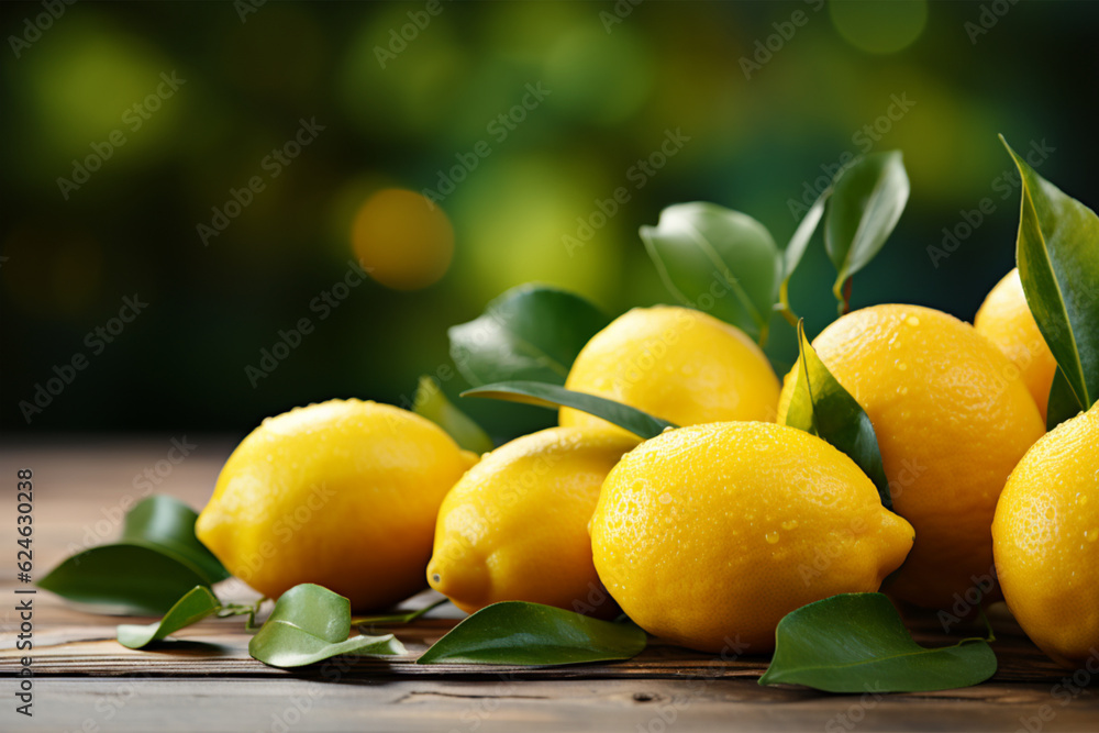 Fresh lemon with green leaves on wooden table against blurred background.