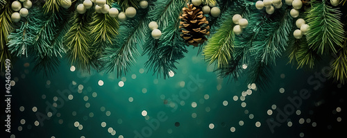 Christmas tree with Christmas balls as background, banner. Generative AI