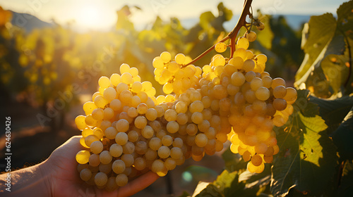 Die Sonne strahlt durch die frischen Weißweintrauben einer Rebe  photo