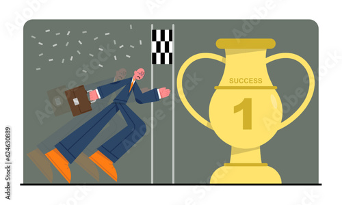 Man with briefcase running towards finish line. Concept of deadlines, successful worker achieve goals by passing all stages of work and receiving trophy. Flat vector illustration