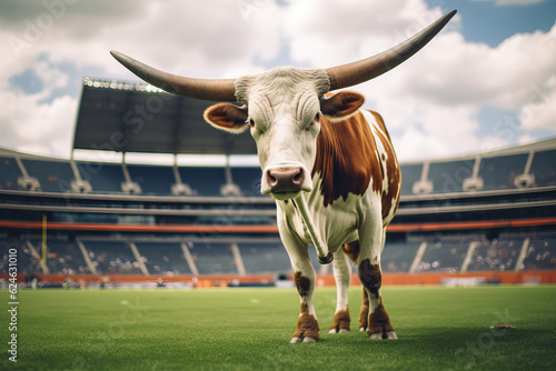 Texas Longhorn standing on Football field created by Generative AI photo