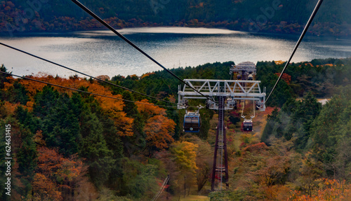 Lake Ashi and surroundings from Hakone Ropeway or cable car in Hakone in autumn season