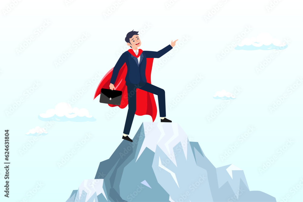 Successful businessman superhero pointing finger up on mountain peak, ambition to success, motivation or aspiration to achieve goal, victory or career growth, challenge or aiming for success (Vector)