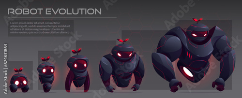 Black ai robot evolution character tech infographic vector. future humanoid artificial intelligence cyborg engineering with antenna and angry red eyes. Game fighter or defender generation progress