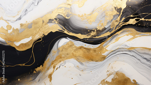Black and white abstract marble background with added gold paint. Generative AI