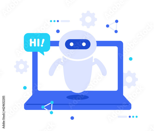 パソコンの前に浮かぶチャットボット。ビジネスのパートナーでもあるAIのイラスト素材。