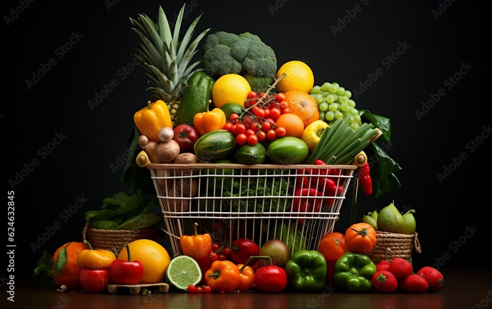 A shopping cart filled with lots of different types of vegetables. AI