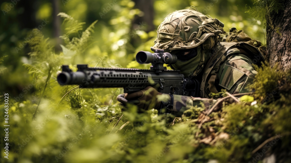 Camouflaged sniper taking a shot. Generative AI