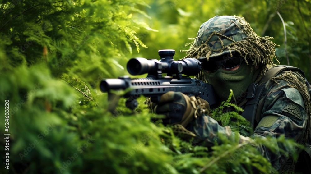 Camouflaged sniper taking a shot. Generative AI