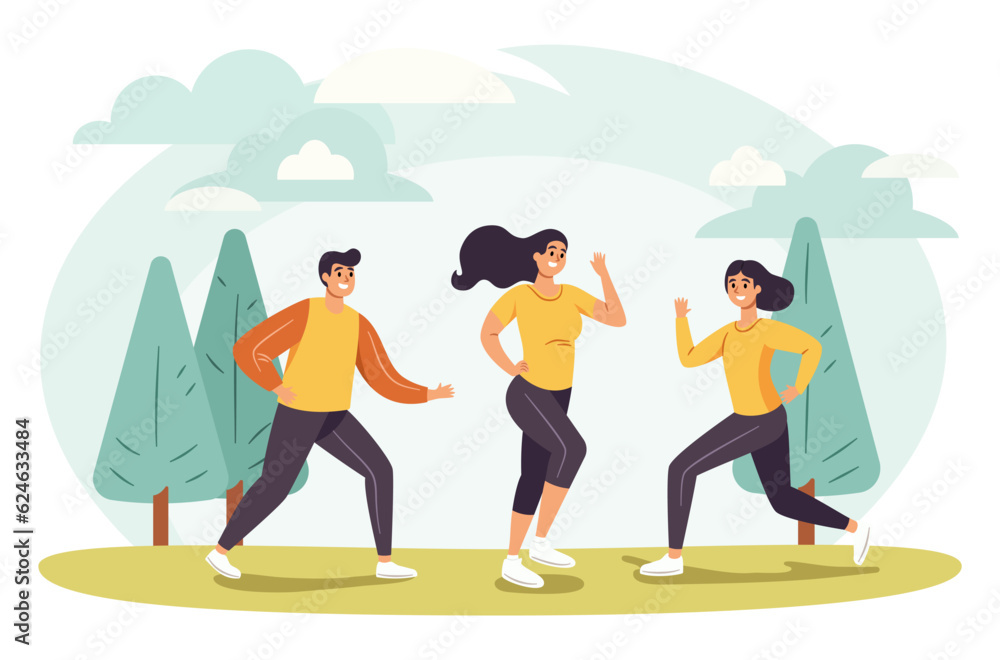 People Exercise Outdoor In The Park, Healthy Lifestyle, Flat Design Cartoon Vector.