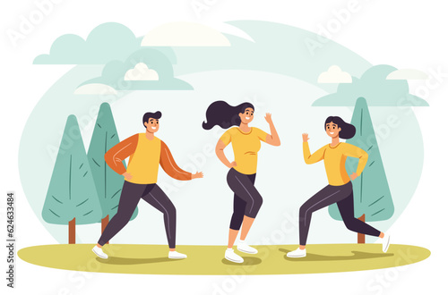 People Exercise Outdoor In The Park, Healthy Lifestyle, Flat Design Cartoon Vector.