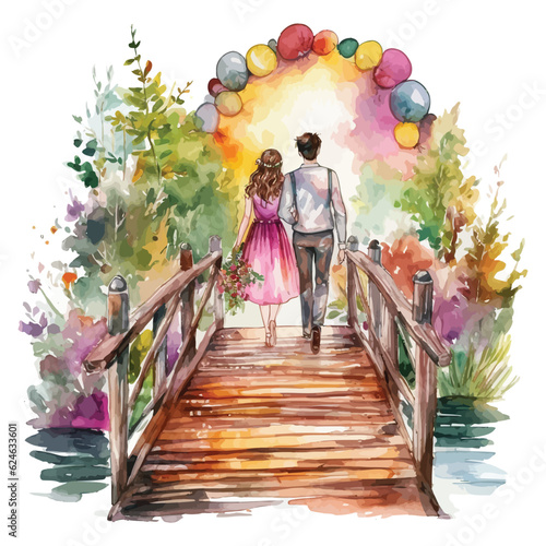 A rustic outdoor wedding, where the groom is carrying the bride over a wooden bridge, with trees and flowers in the background watercolor