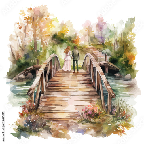 A rustic outdoor wedding, where the groom is carrying the bride over a wooden bridge, with trees and flowers in the background watercolor