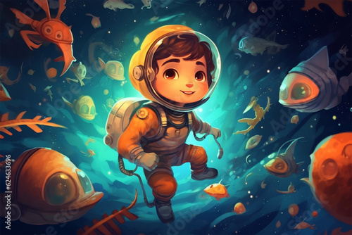 illustration of children, little boy becomes space astronaut