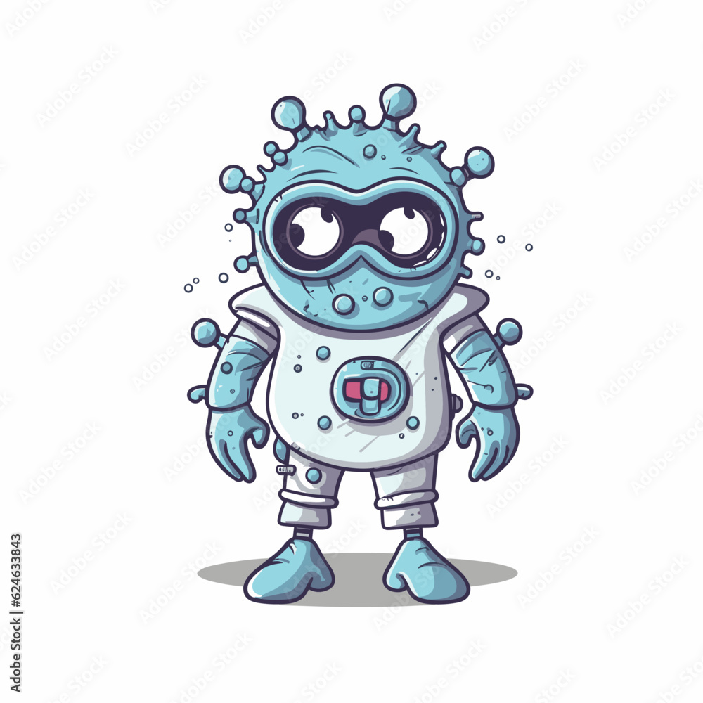 cartoon virus character wearing personal protective equipment