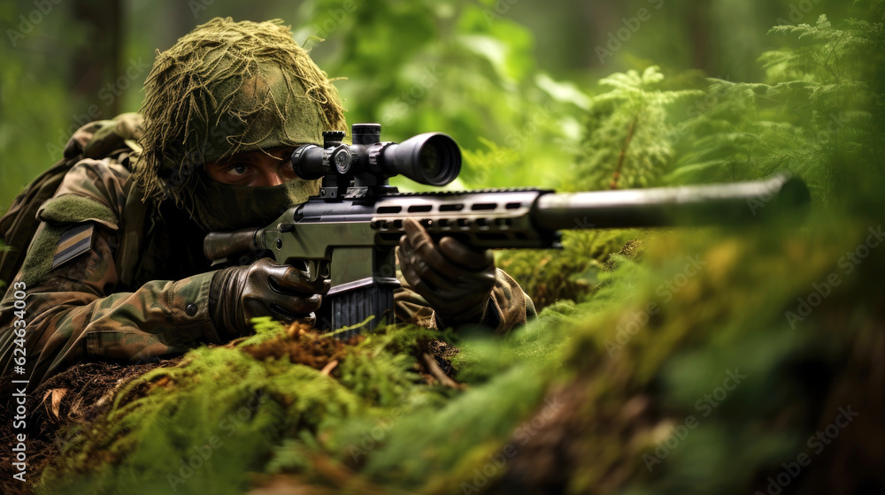 Fototapeta premium Camouflaged sniper taking a shot. Generative AI