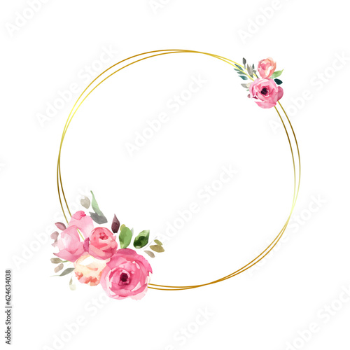 Golden circle frame with watercolor pink roses and green leaves, vector round template isolated on white 